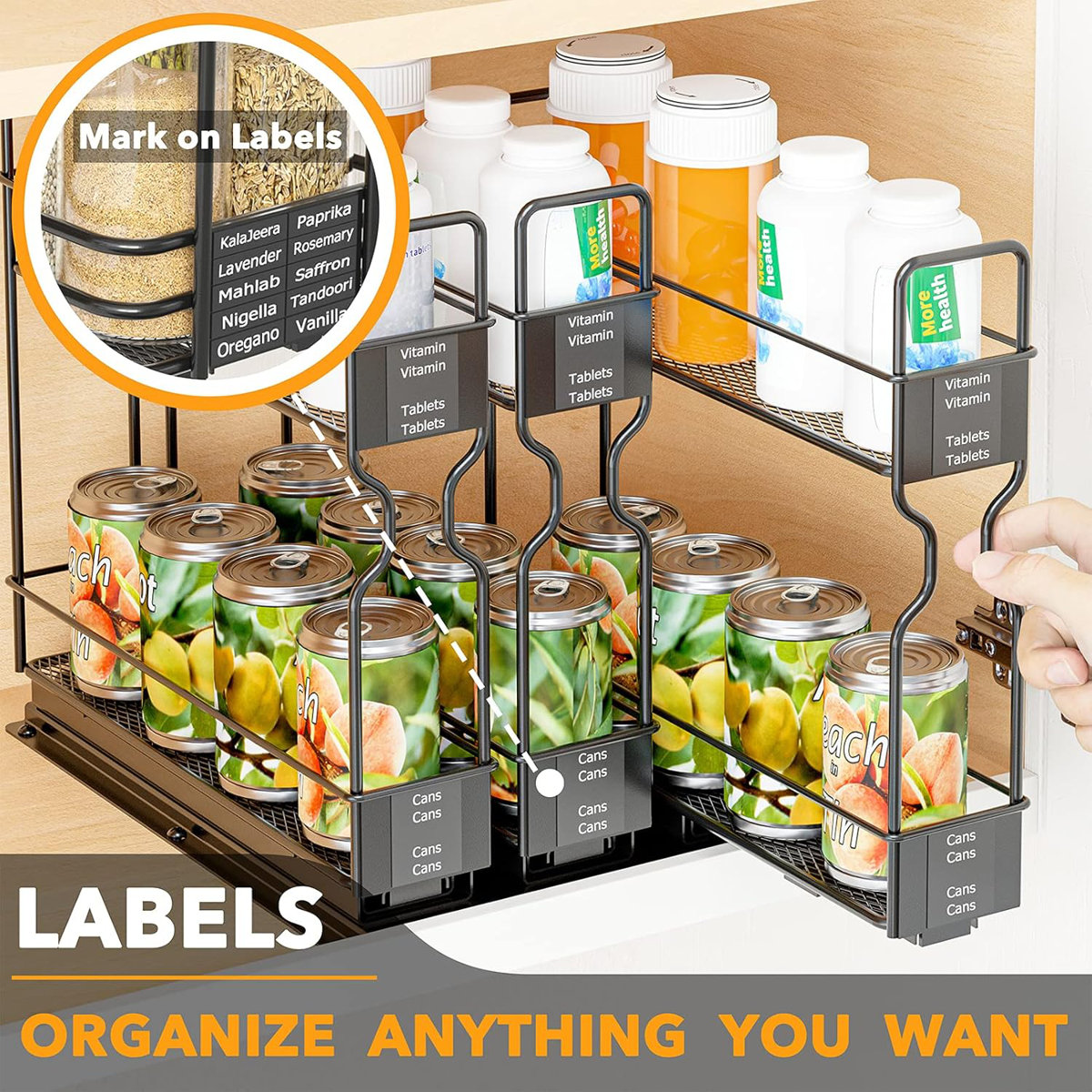 2-Tier Pull Out Spice Rack Organizer for Cabinet, Heavy Duty Slide Out Seasoning Organizer with Labels, 7.7"W x 10.75"D x 10"H, 3 Drawers